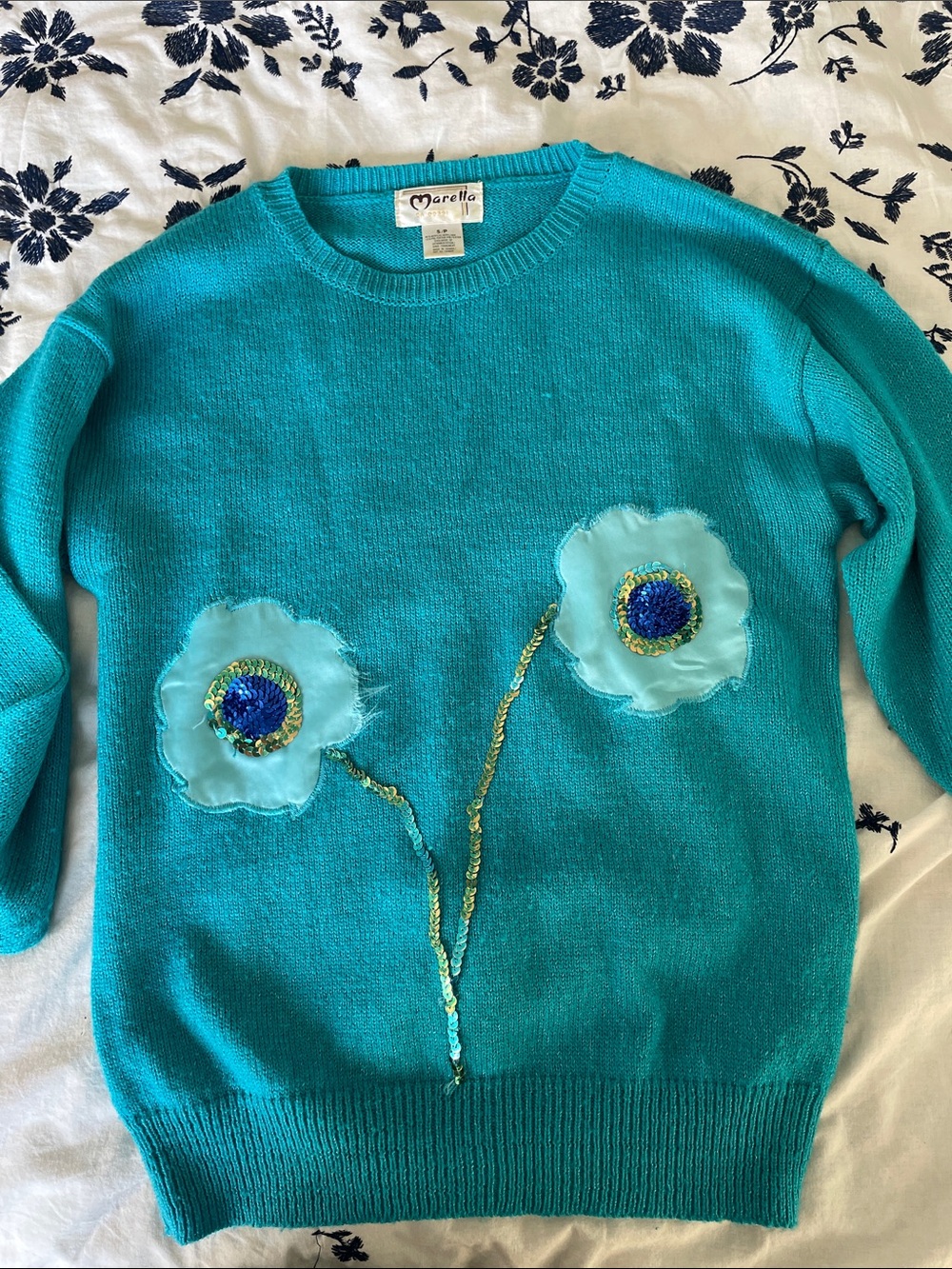 vintage 1980’s MARELLA Turquoise Crewneck Sweater with Floral Appliqués Small 🩵💙